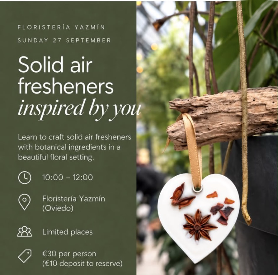 Poster for the Lumara Botanic solid air freshener workshop at Floristería Yazmín in Oviedo on Sunday 27 September