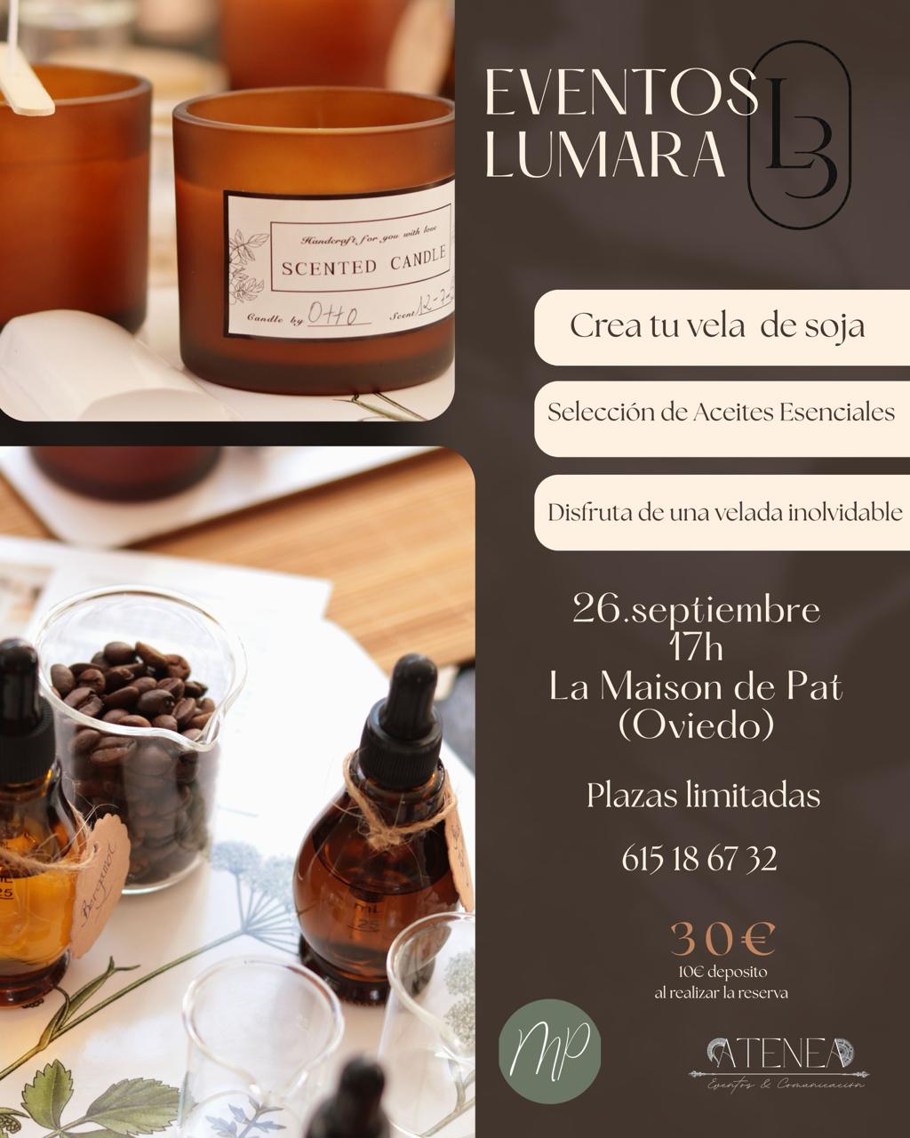 Poster for the Lumara Botanic candle workshop at La Maison de Pat in Oviedo on 26 September