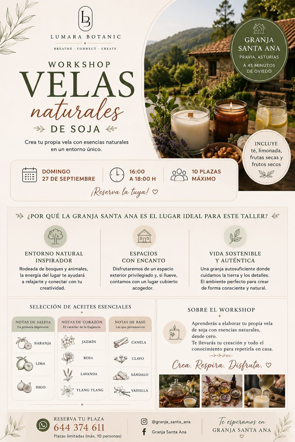 Poster for the Lumara Botanic natural soy candle workshop at Granja Santa Ana, Pravia, Asturias