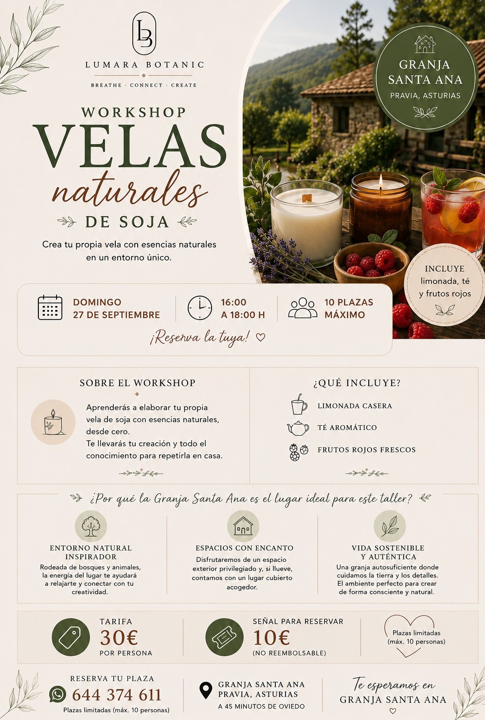 Poster for the Lumara Botanic natural soy candle workshop at Granja Santa Ana, Pravia, Asturias