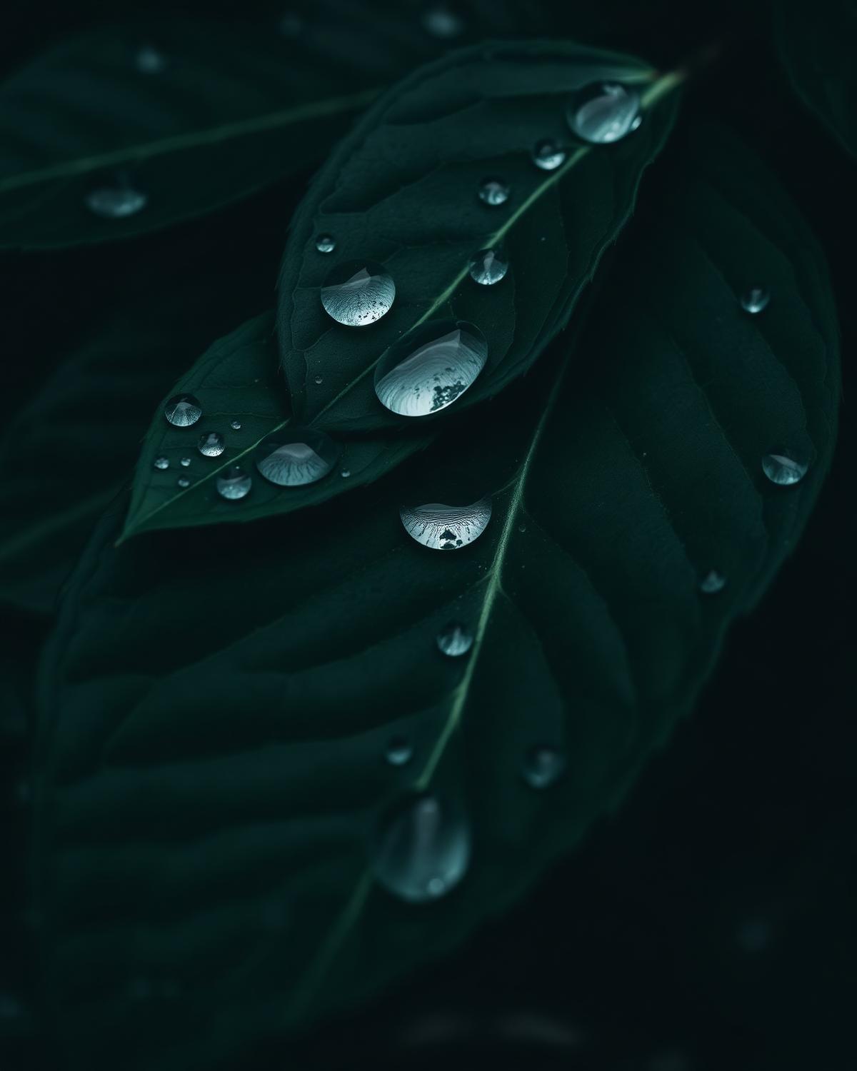 Rain falling on wet orchard leaves and long grass