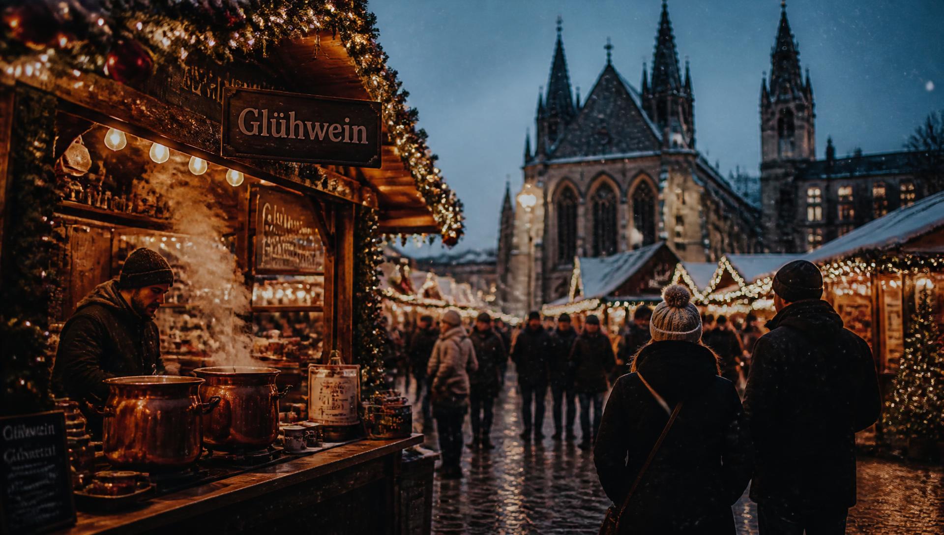 A European Christmas market at dusk with lit stalls and steam rising