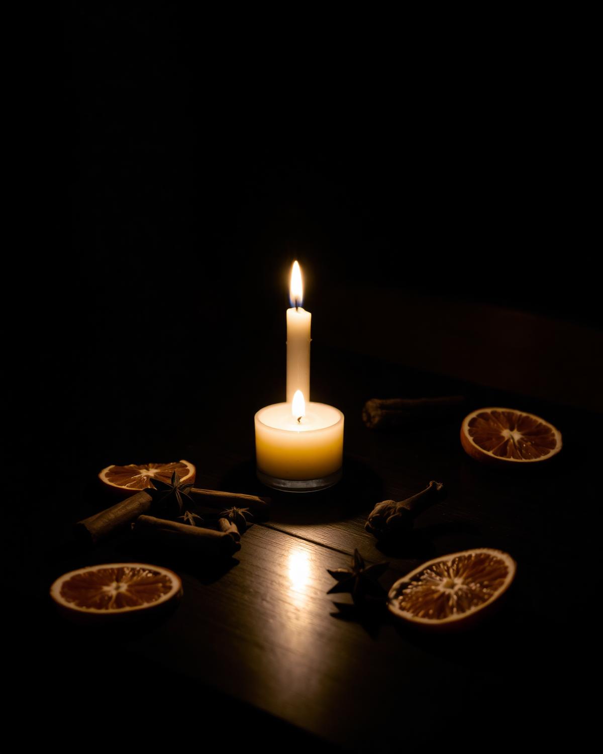 Dried orange slices, cloves and star anise beside candlelight