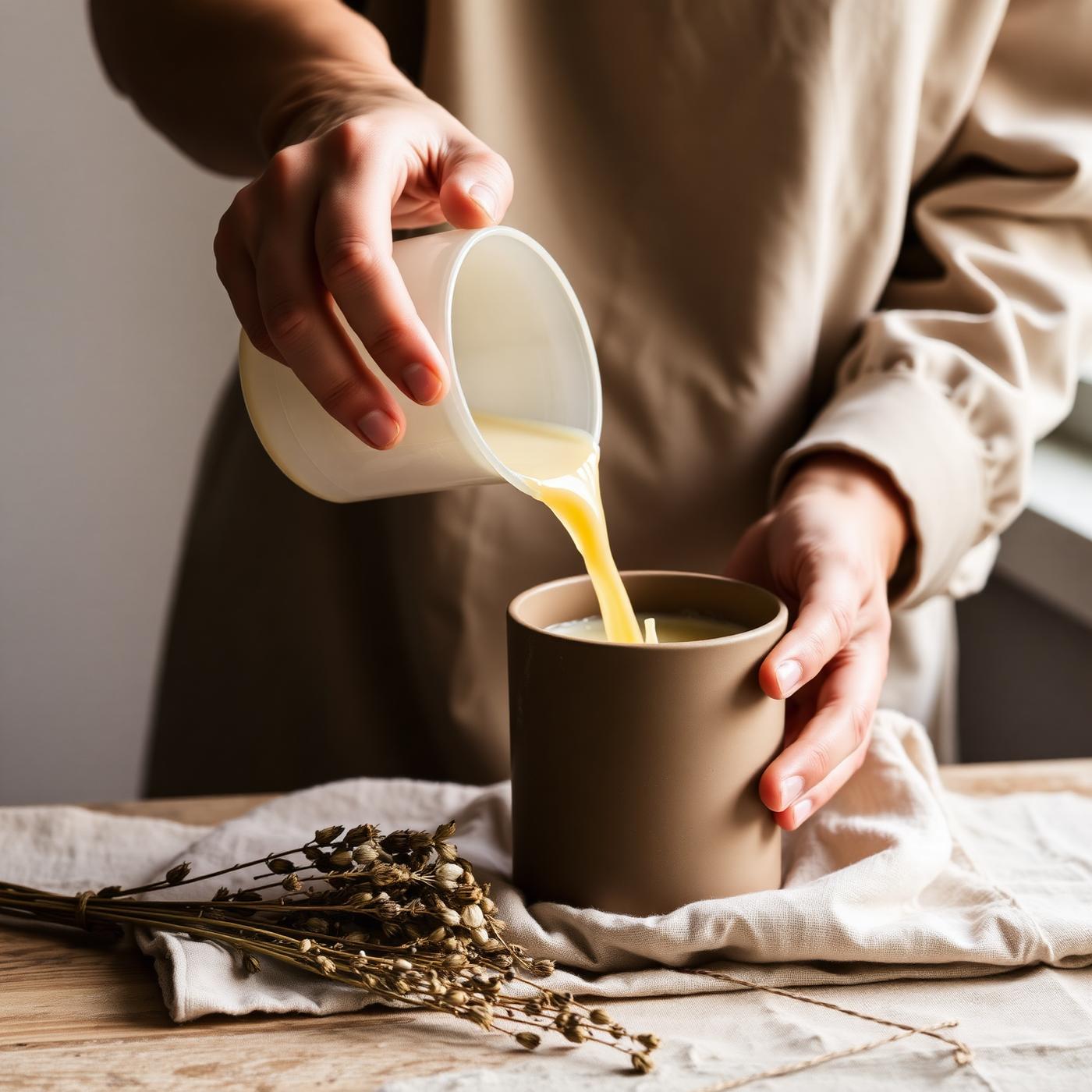Hands pouring wax in a small studio surrounded by dried botanicals