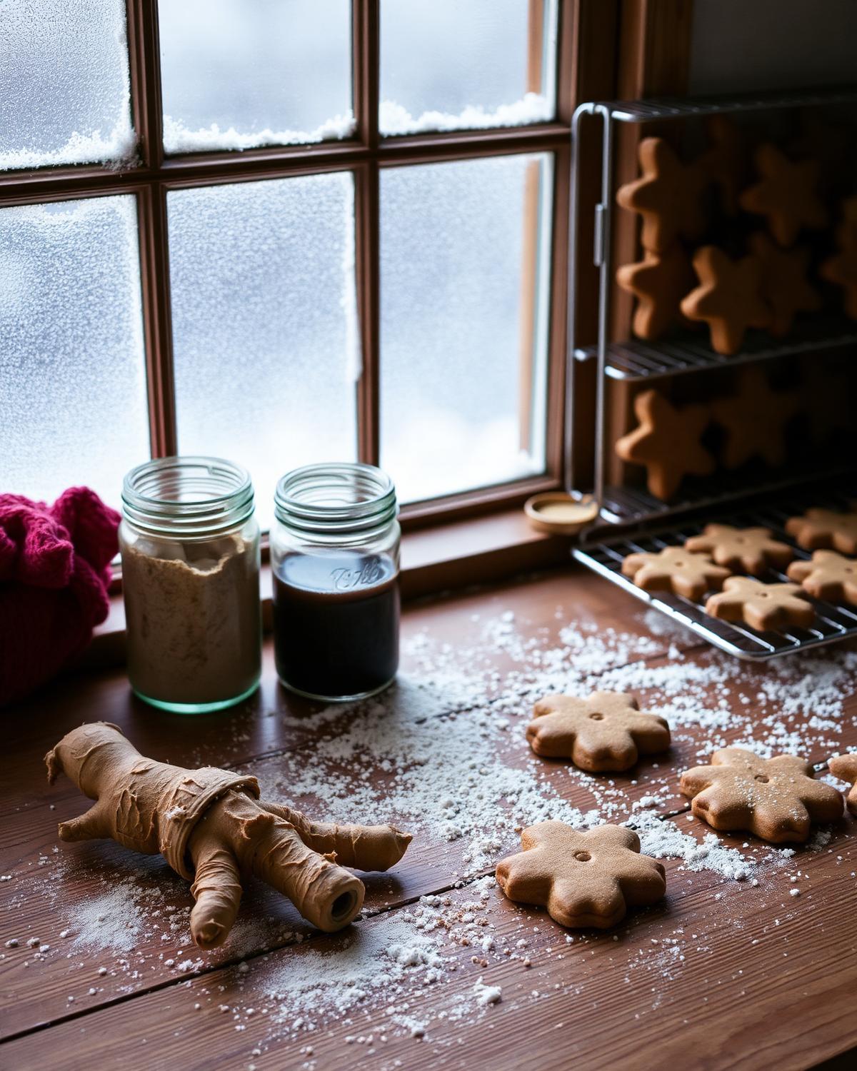 Gingerbread biscuits cooling beside flour and spices on a wooden table