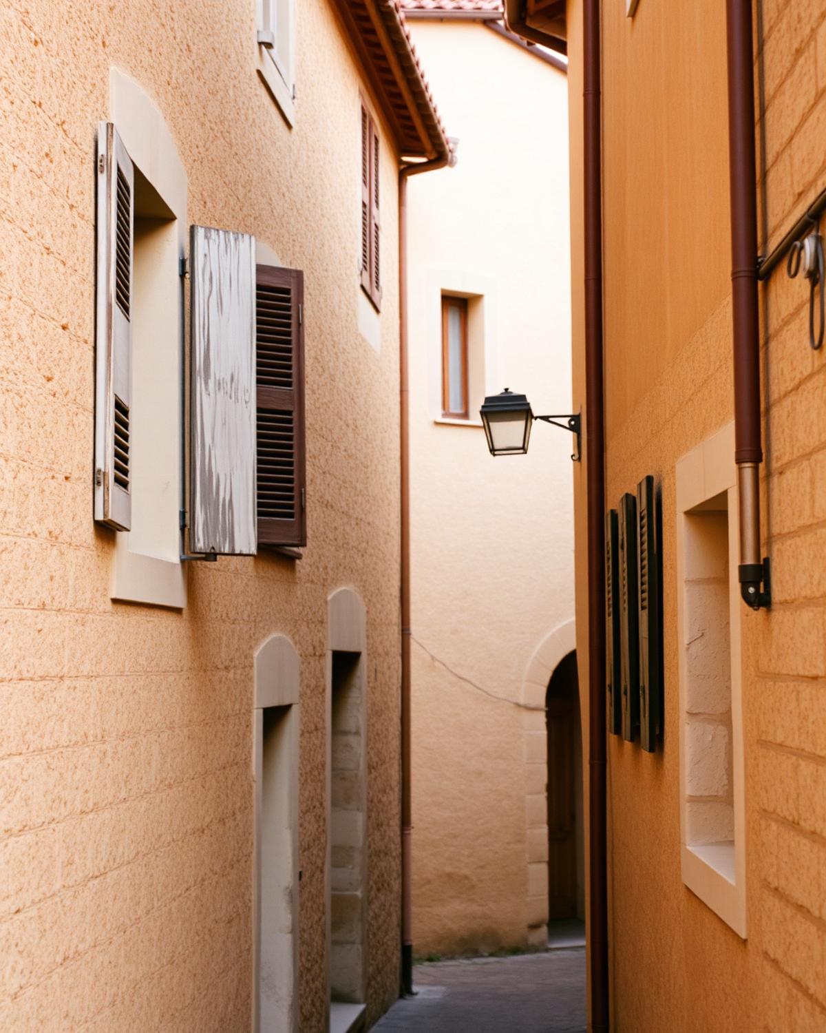 A sun-warmed stone village with shuttered windows and a small fountain
