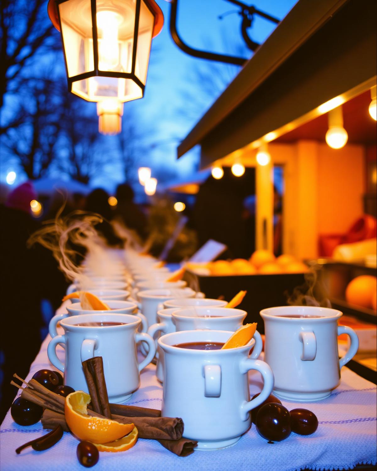Steaming mulled wine with orange slices and cinnamon at a winter market